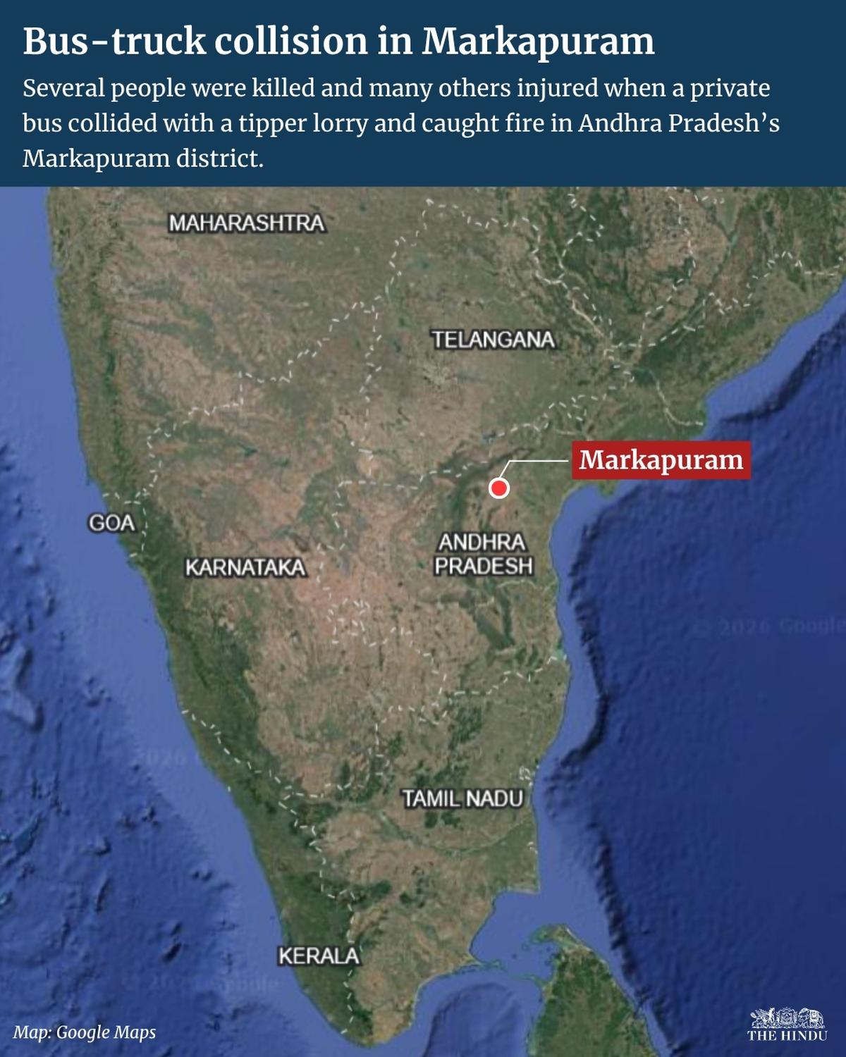 गुरुवार (मार्च 26, 2026) को आंध्र प्रदेश के मार्कापुरम में भीषण दुर्घटना का शिकार हुई निजी बस निर्मल से शुरू हुई और विंजामुरु की ओर जा रही थी। गुरुवार (मार्च 26, 2026) को आंध्र प्रदेश के मार्कापुरम में भीषण दुर्घटना का शिकार हुई निजी बस निर्मल से शुरू हुई और विंजामुरु की ओर जा रही थी।